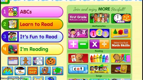 The web page has links to various phonics topics, such as vowels, silent e, long-a, and r-controlled, with examples of games and movies. . Starfall youtube